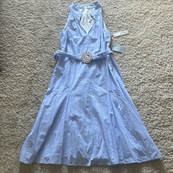 Eliza J Blue Striped Belted Halter Dress with Pockets Sz 12 NWT - Picture 3 of 7